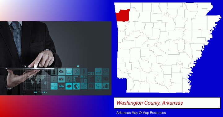 information technology concepts; Washington County, Arkansas highlighted in red on a map