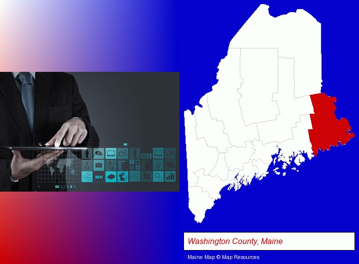 information technology concepts; Washington County, Maine highlighted in red on a map