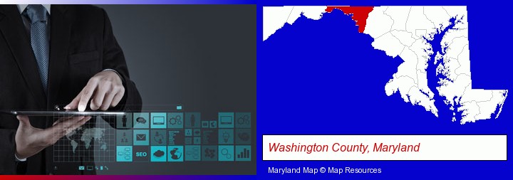 information technology concepts; Washington County, Maryland highlighted in red on a map