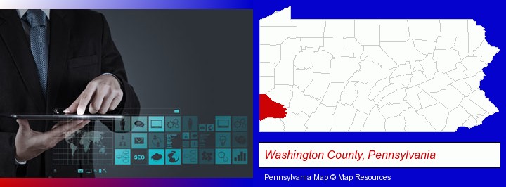 information technology concepts; Washington County, Pennsylvania highlighted in red on a map
