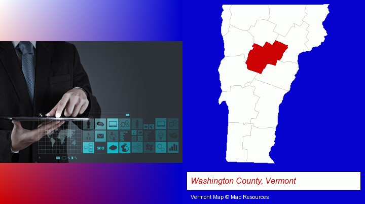information technology concepts; Washington County, Vermont highlighted in red on a map