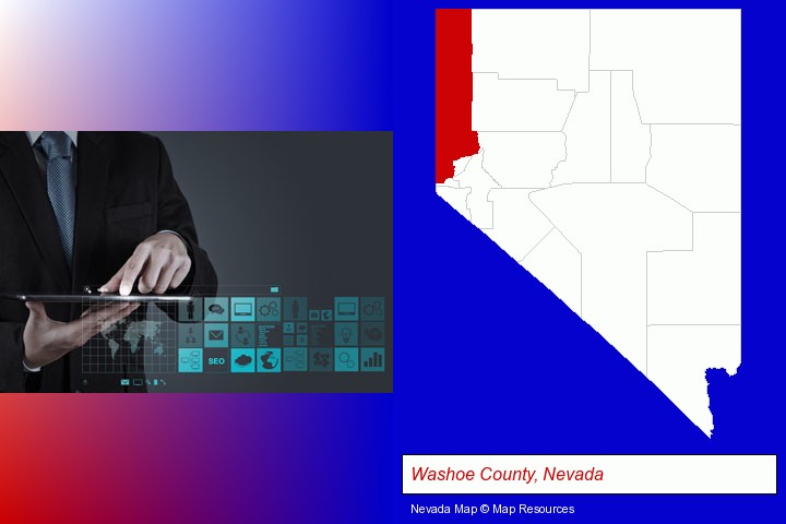 information technology concepts; Washoe County, Nevada highlighted in red on a map
