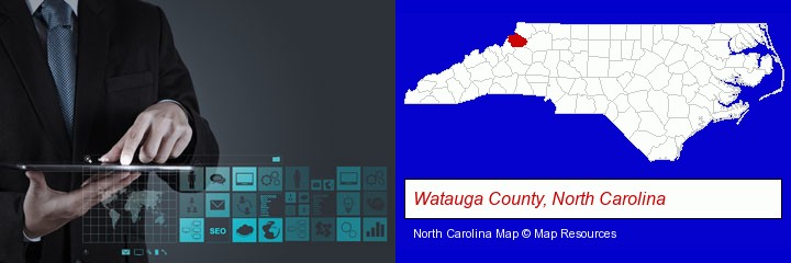 information technology concepts; Watauga County, North Carolina highlighted in red on a map
