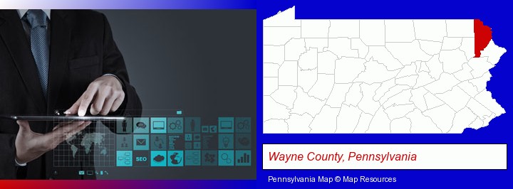 information technology concepts; Wayne County, Pennsylvania highlighted in red on a map