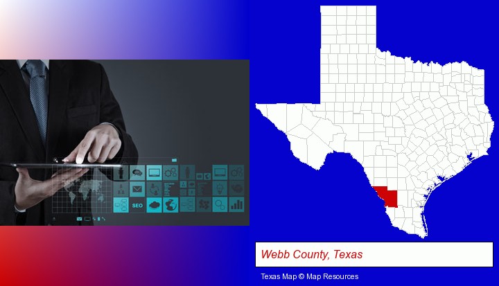 information technology concepts; Webb County, Texas highlighted in red on a map