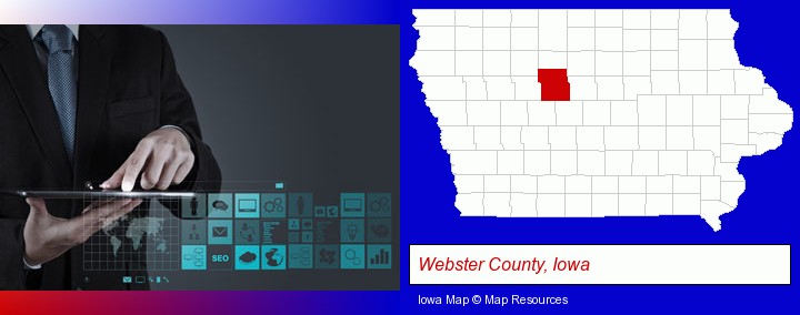 information technology concepts; Webster County, Iowa highlighted in red on a map