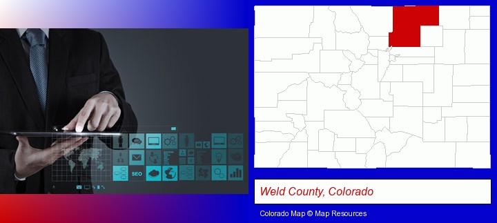 information technology concepts; Weld County, Colorado highlighted in red on a map