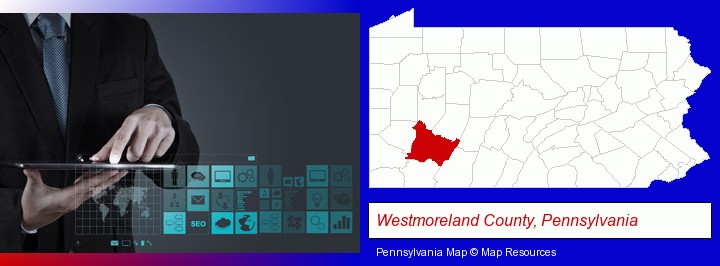 information technology concepts; Westmoreland County, Pennsylvania highlighted in red on a map