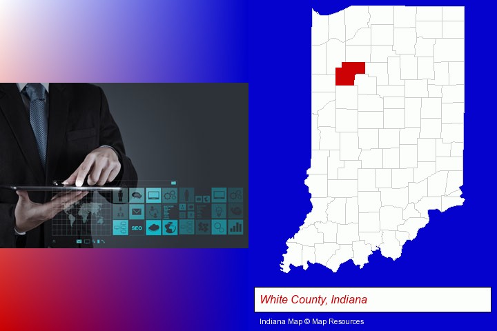 information technology concepts; White County, Indiana highlighted in red on a map
