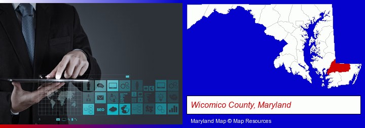 information technology concepts; Wicomico County, Maryland highlighted in red on a map