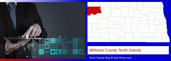 information technology concepts; Williams County, North Dakota highlighted in red on a map