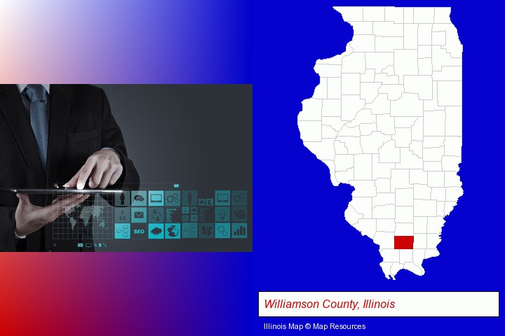 information technology concepts; Williamson County, Illinois highlighted in red on a map