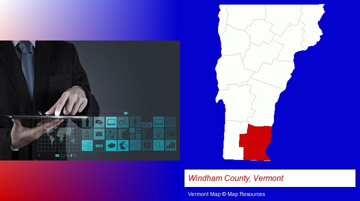 information technology concepts; Windham County, Vermont highlighted in red on a map