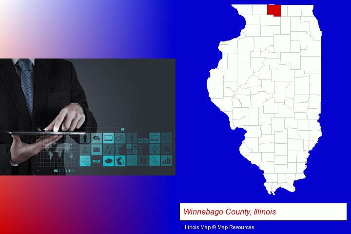information technology concepts; Winnebago County, Illinois highlighted in red on a map