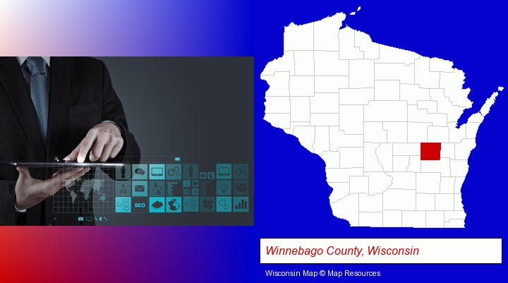 information technology concepts; Winnebago County, Wisconsin highlighted in red on a map