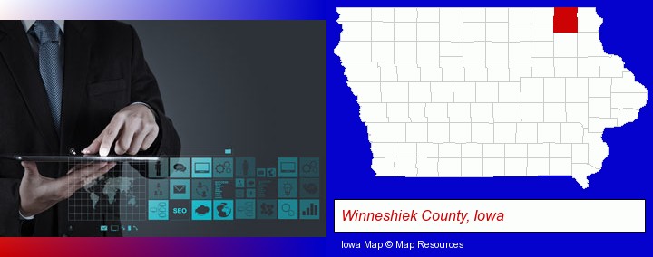 information technology concepts; Winneshiek County, Iowa highlighted in red on a map