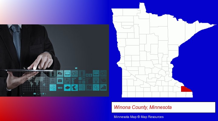 information technology concepts; Winona County, Minnesota highlighted in red on a map