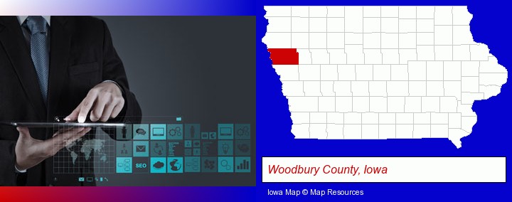 information technology concepts; Woodbury County, Iowa highlighted in red on a map