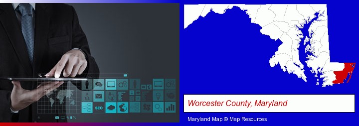 information technology concepts; Worcester County, Maryland highlighted in red on a map