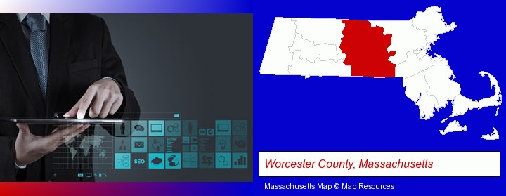 information technology concepts; Worcester County, Massachusetts highlighted in red on a map