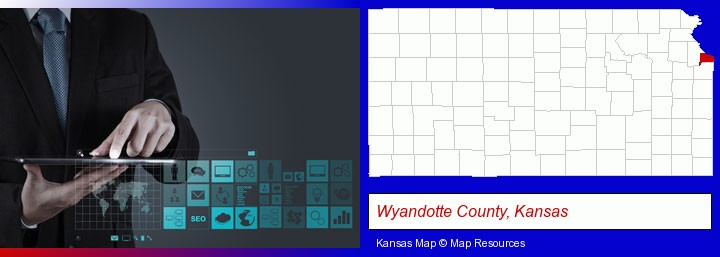 information technology concepts; Wyandotte County, Kansas highlighted in red on a map