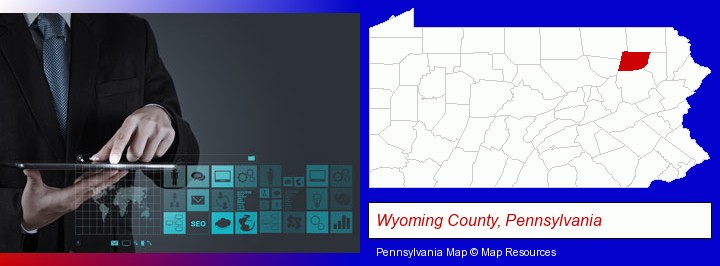 information technology concepts; Wyoming County, Pennsylvania highlighted in red on a map