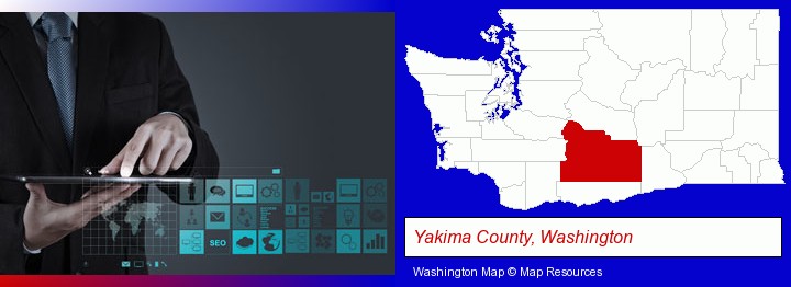 information technology concepts; Yakima County, Washington highlighted in red on a map