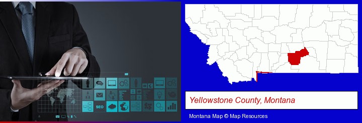information technology concepts; Yellowstone County, Montana highlighted in red on a map