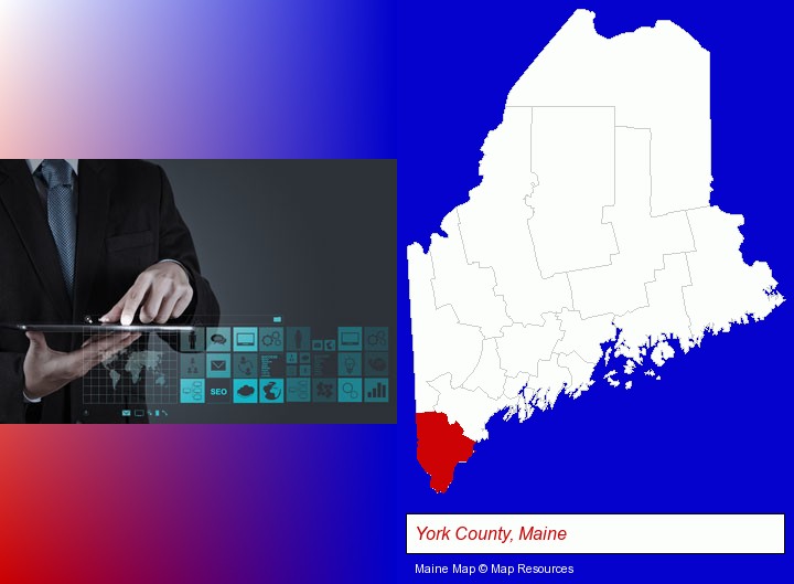 information technology concepts; York County, Maine highlighted in red on a map