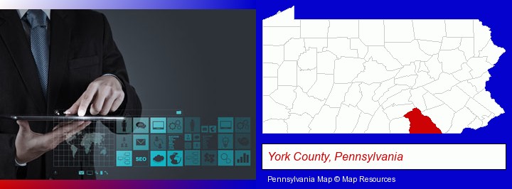 information technology concepts; York County, Pennsylvania highlighted in red on a map