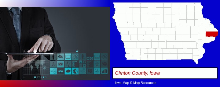 information technology concepts; Clinton County, Iowa highlighted in red on a map