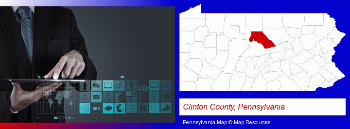 information technology concepts; Clinton County, Pennsylvania highlighted in red on a map