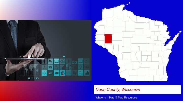 information technology concepts; Dunn County, Wisconsin highlighted in red on a map