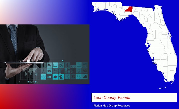 information technology concepts; Leon County, Florida highlighted in red on a map