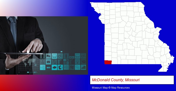 information technology concepts; McDonald County, Missouri highlighted in red on a map